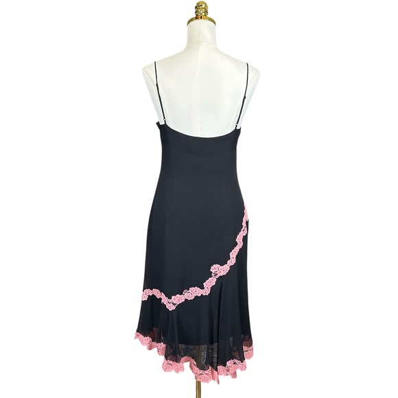RARE BCBGMAXAZRIA Black Midi Dress Pink Floral Lace Trim Sweetheart Slip Dress 6 - Picture 9 of 13